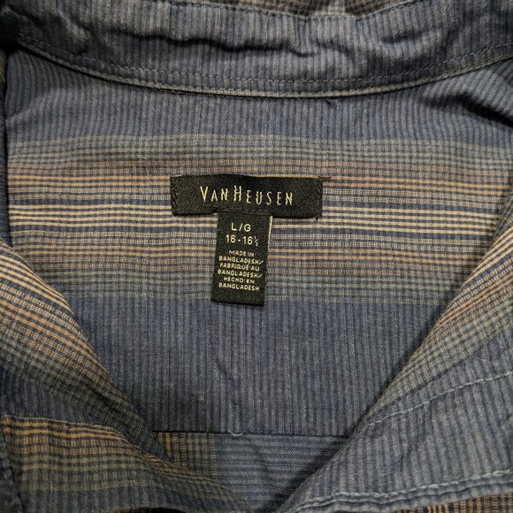 Van Heusen Mens Button down Short sleeve Blue tan stripe Shirt Large 16-16 1/2 - Picture 5 of 7